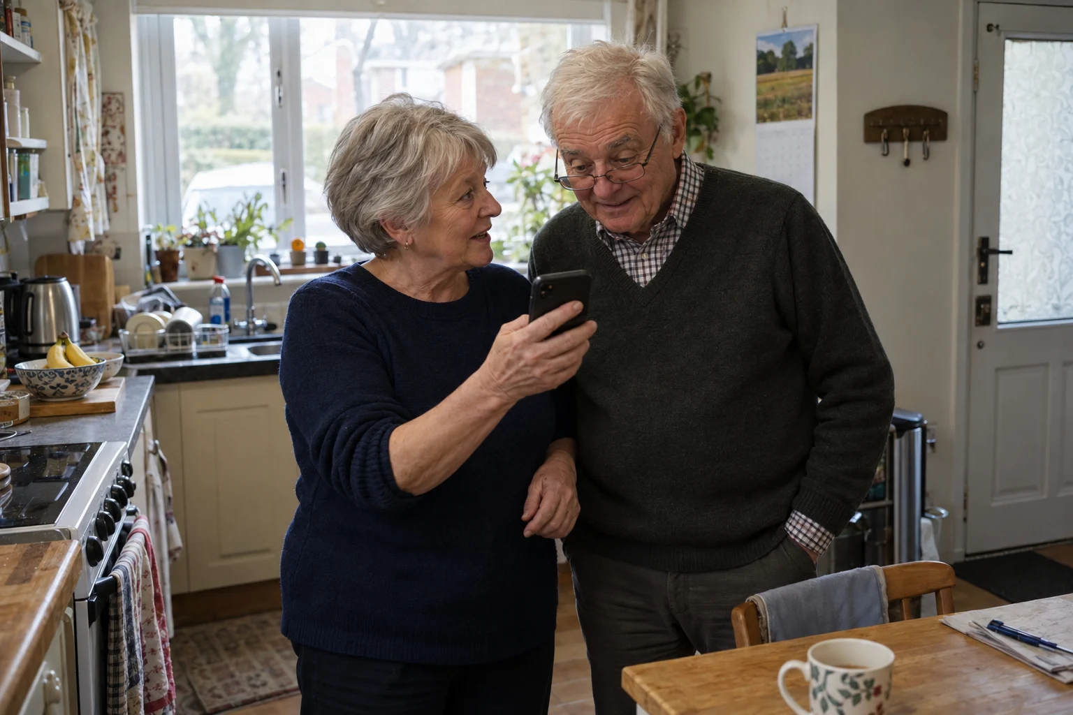 A retired couple in their kitchen looking at the payment for their car on her phone