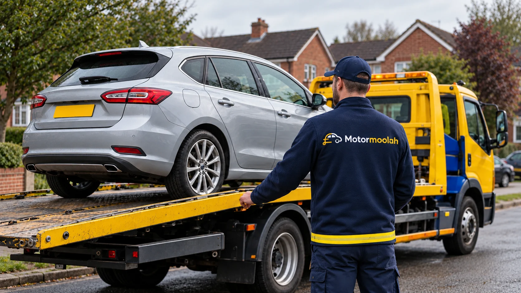 A Motormoolah driver loading a car onto a recovery truck
