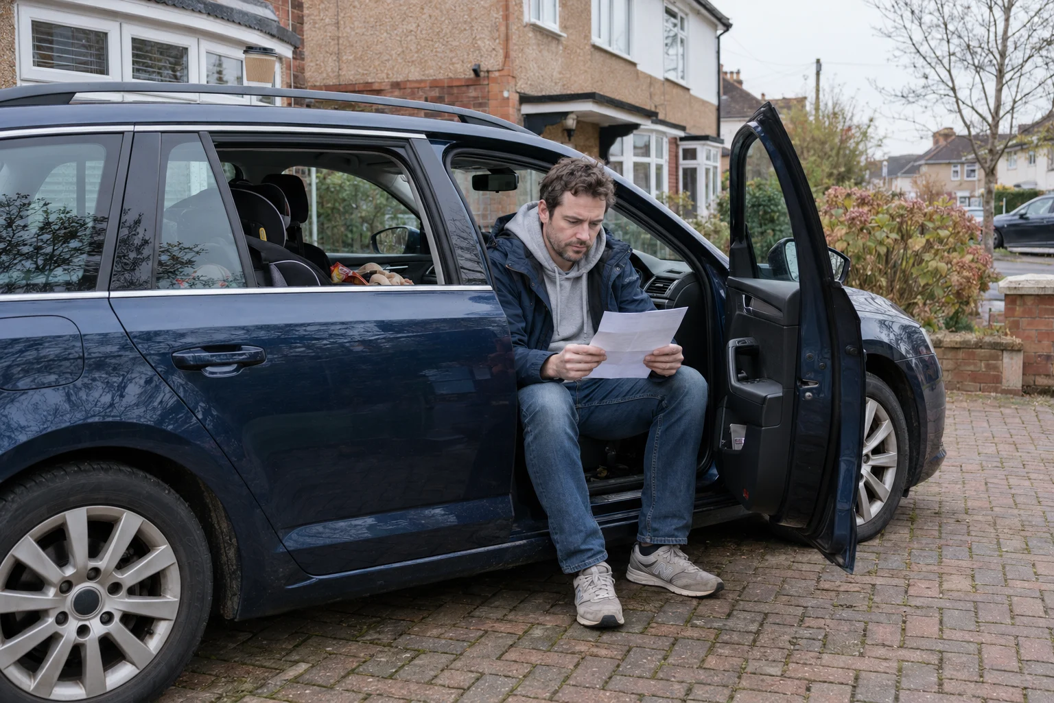 A man sitting in the driver’s seat of his family car on his drive, reading his finance letter