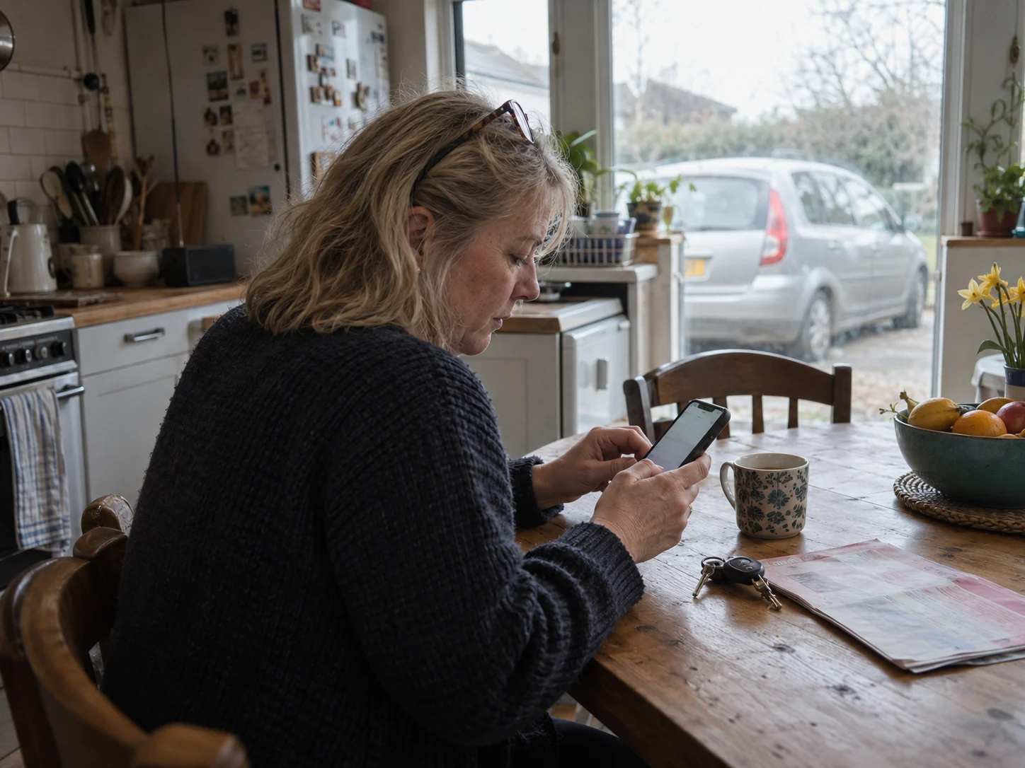A woman at her kitchen table entering her car registration on her phone, her car parked outside