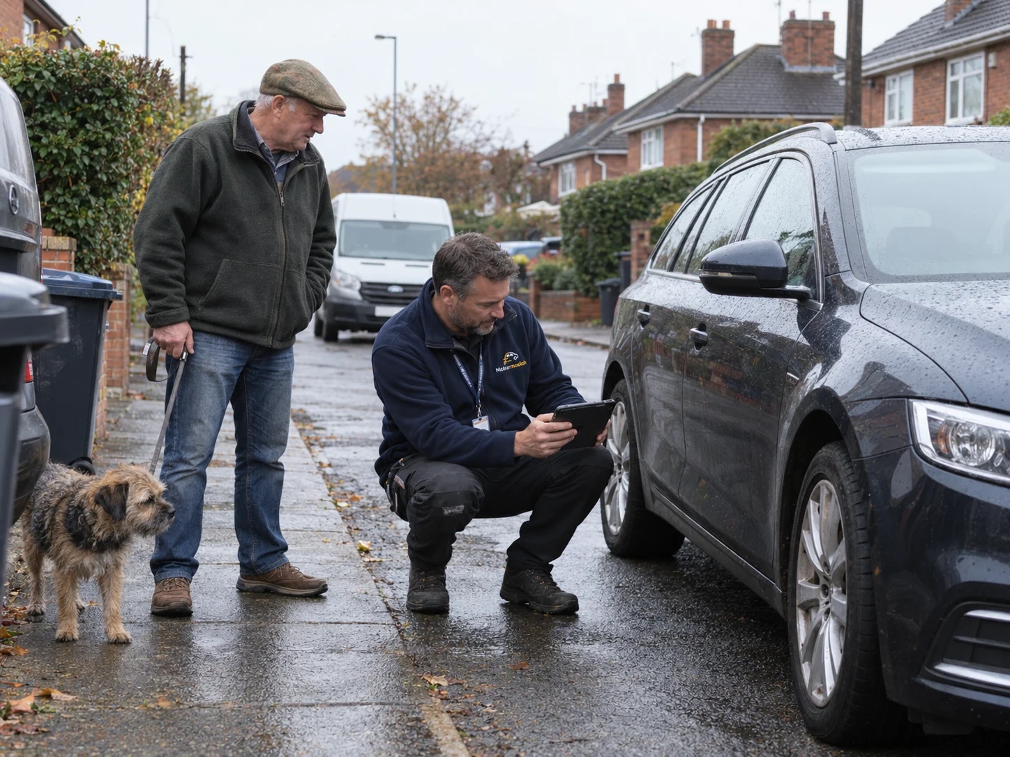 A Motormoolah driver checking a car’s tyres on collection day while the owner and his dog look on