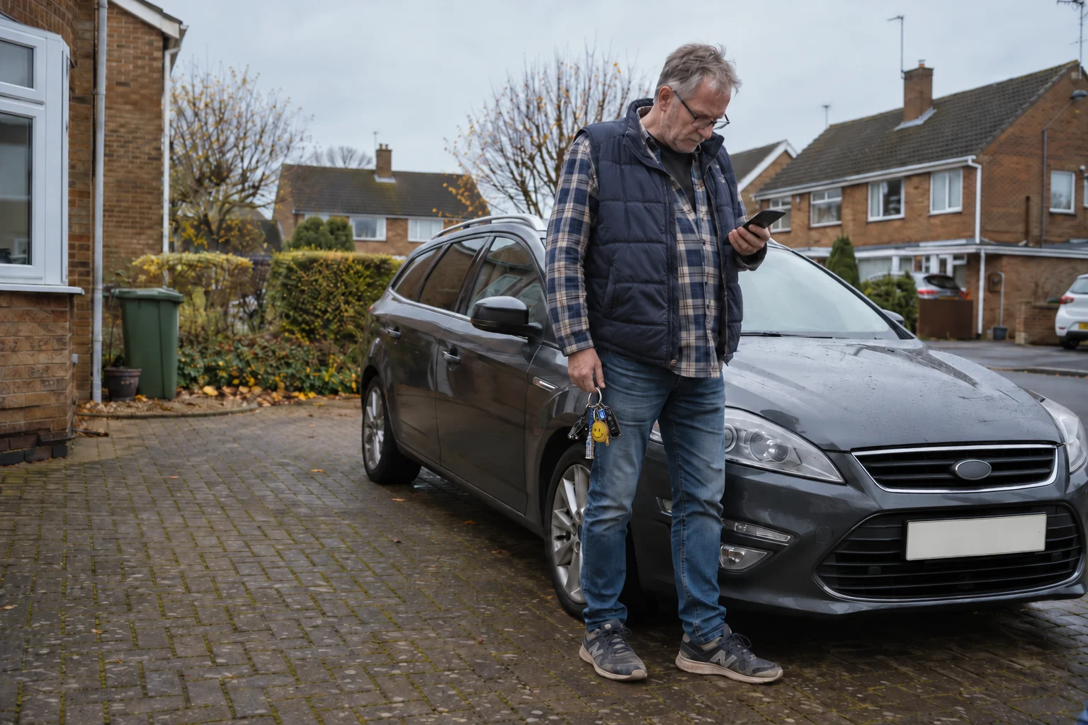 A man on his driveway typing his car’s registration into his phone, his keys in his other hand