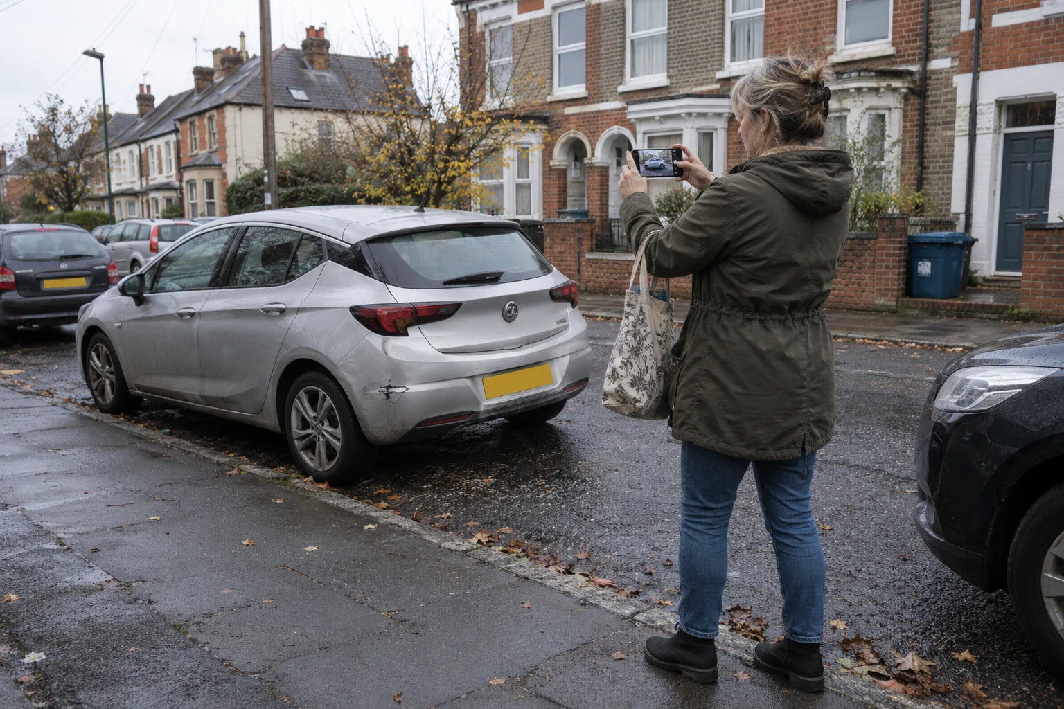 A woman photographing her silver hatchback on the street with her phone