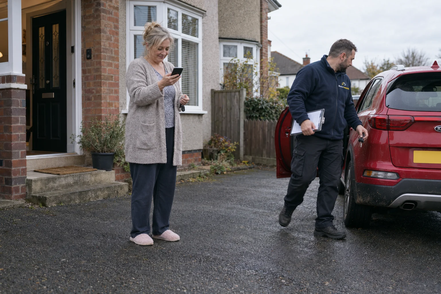 A Motormoolah driver collecting a red SUV while its owner checks her phone on the driveway
