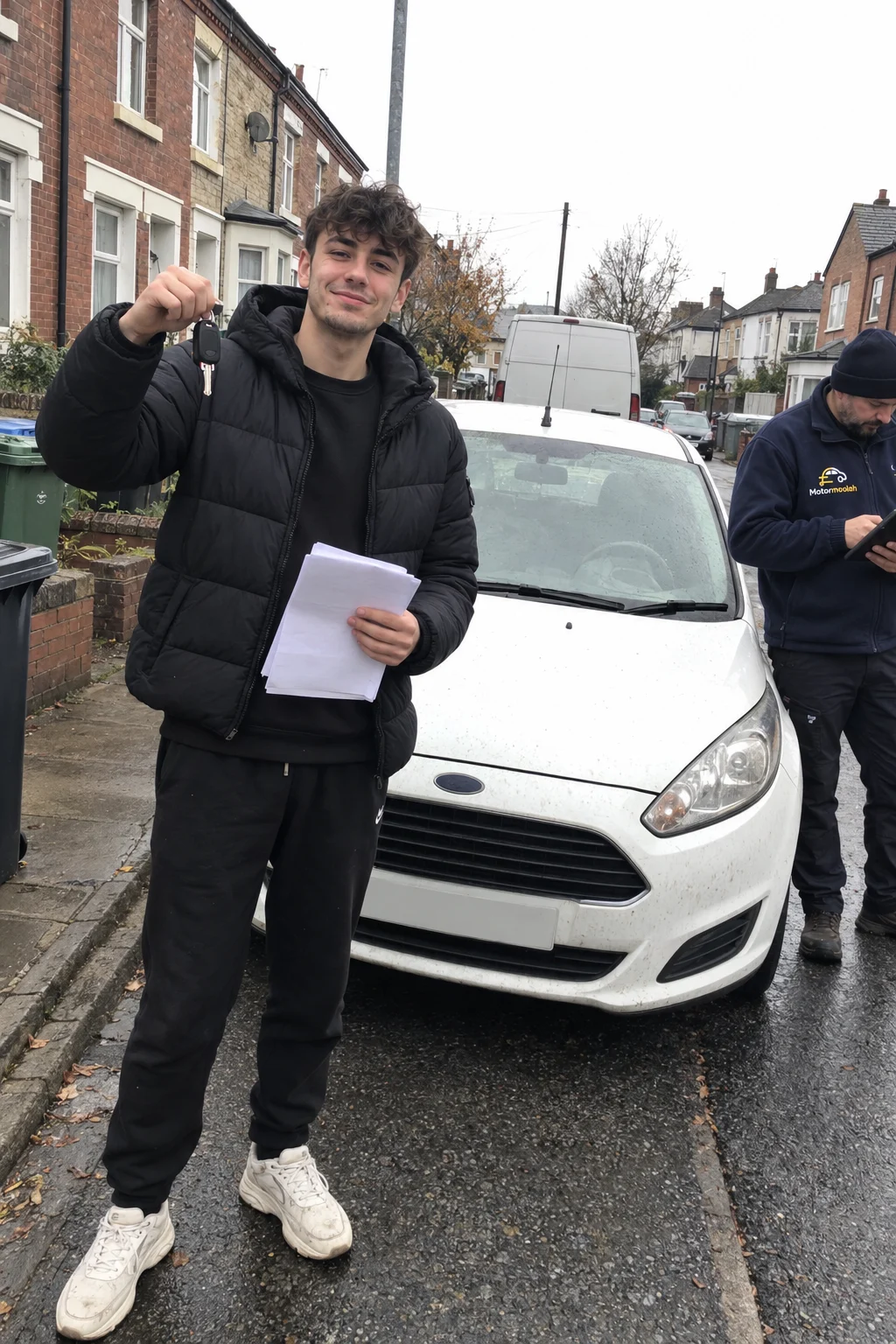 A young man holding up his car keys and paperwork beside his white hatchback on handover day