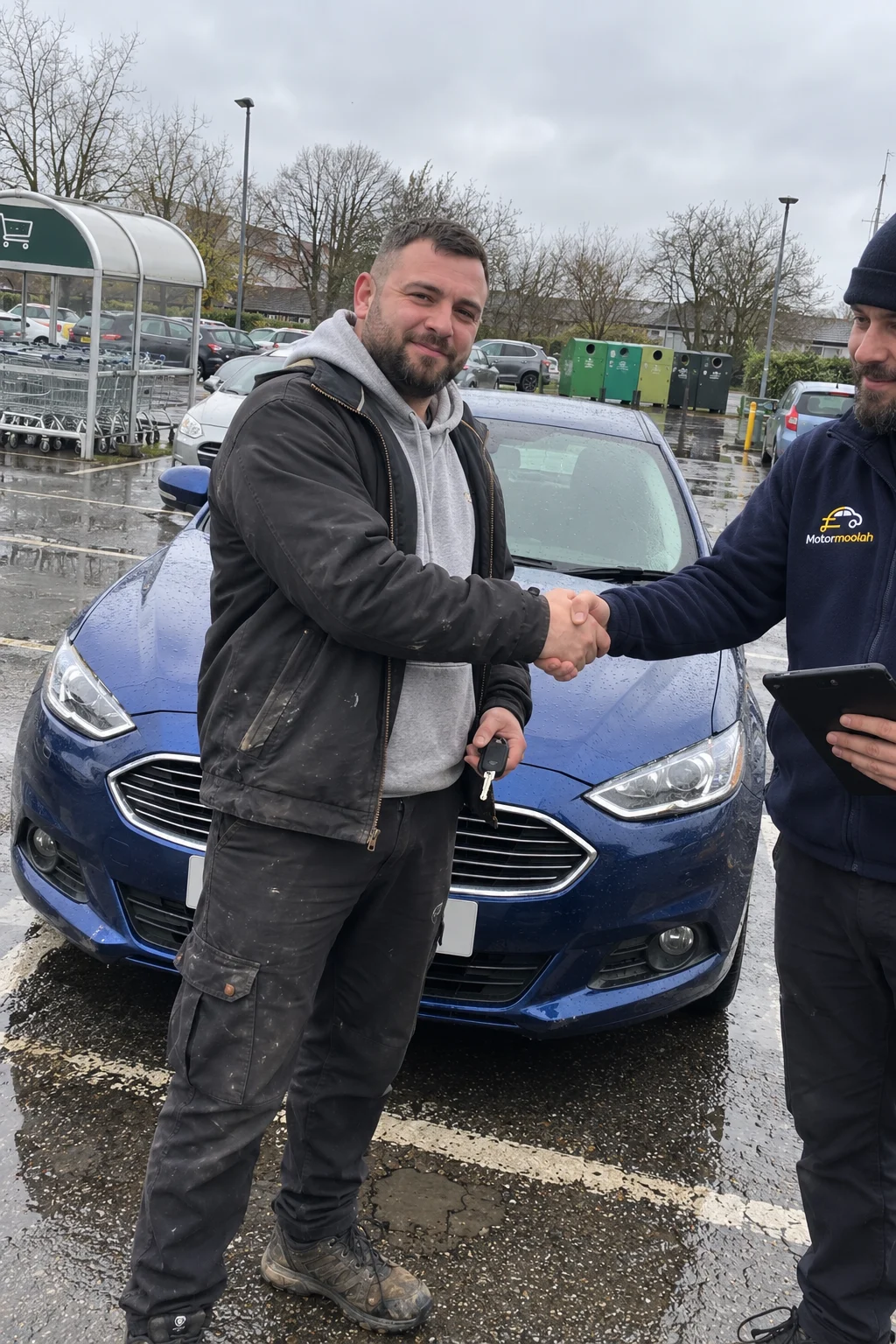 A man shaking hands with a Motormoolah driver beside his blue saloon in a car park