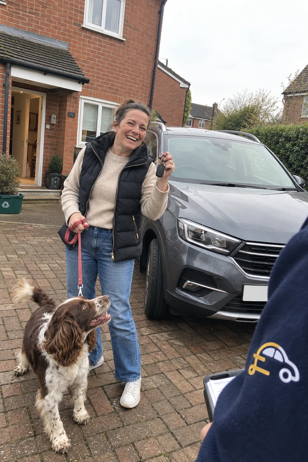 A woman with her spaniel holding up her car keys on her driveway on handover day
