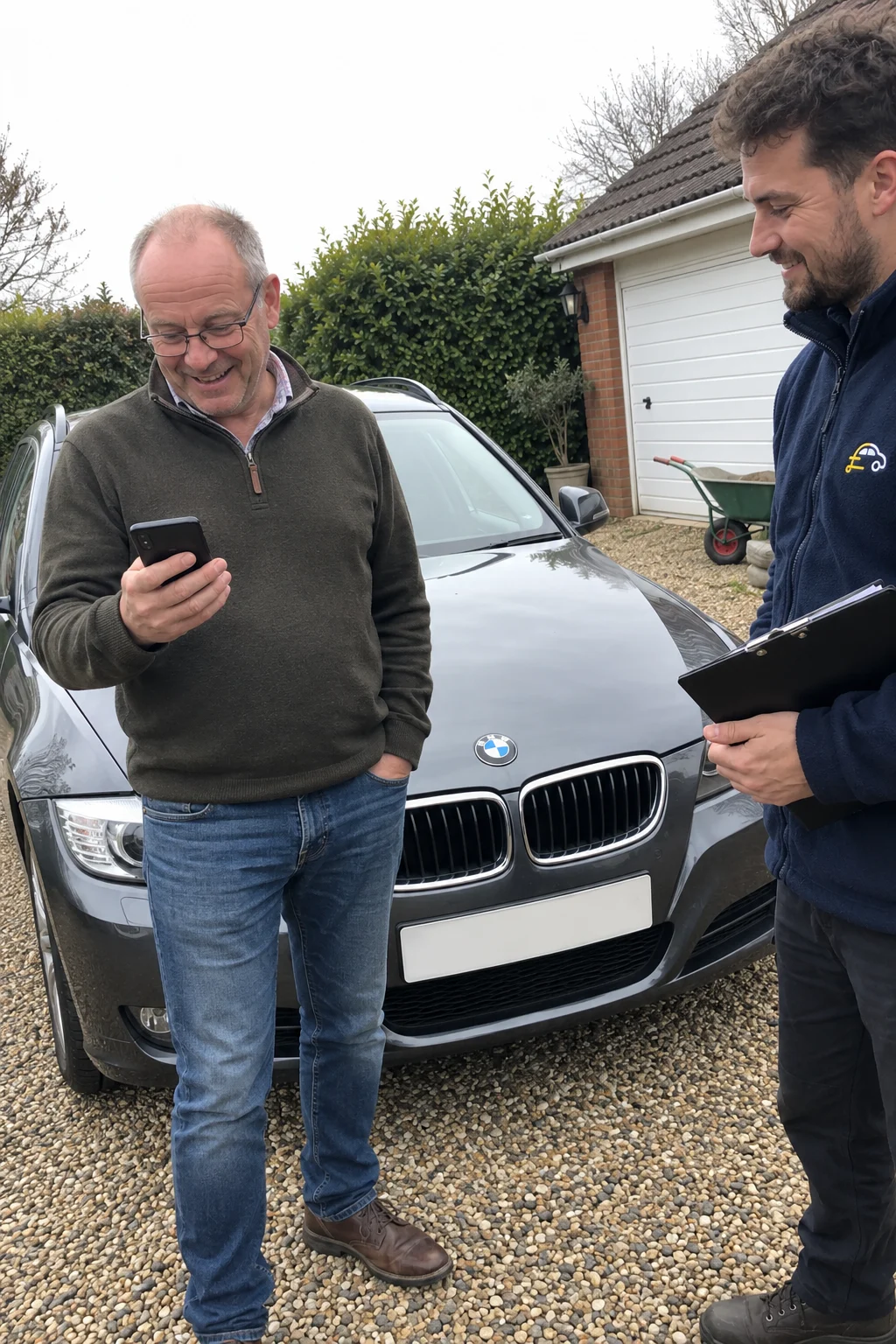 A man checking his phone as his payment arrives, beside his BMW estate and a Motormoolah driver